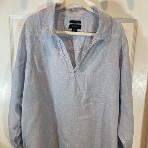 Tahari Womens 3XL LINEN Blouse Linen Tunic Shirt Light Blue Tab Sleeve Shirt EUC